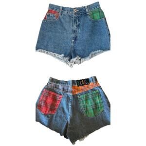 Vintage 90s Y2K Steel Denim Jean Shorts with Plaid Pockets High Rise Cut Off 26"